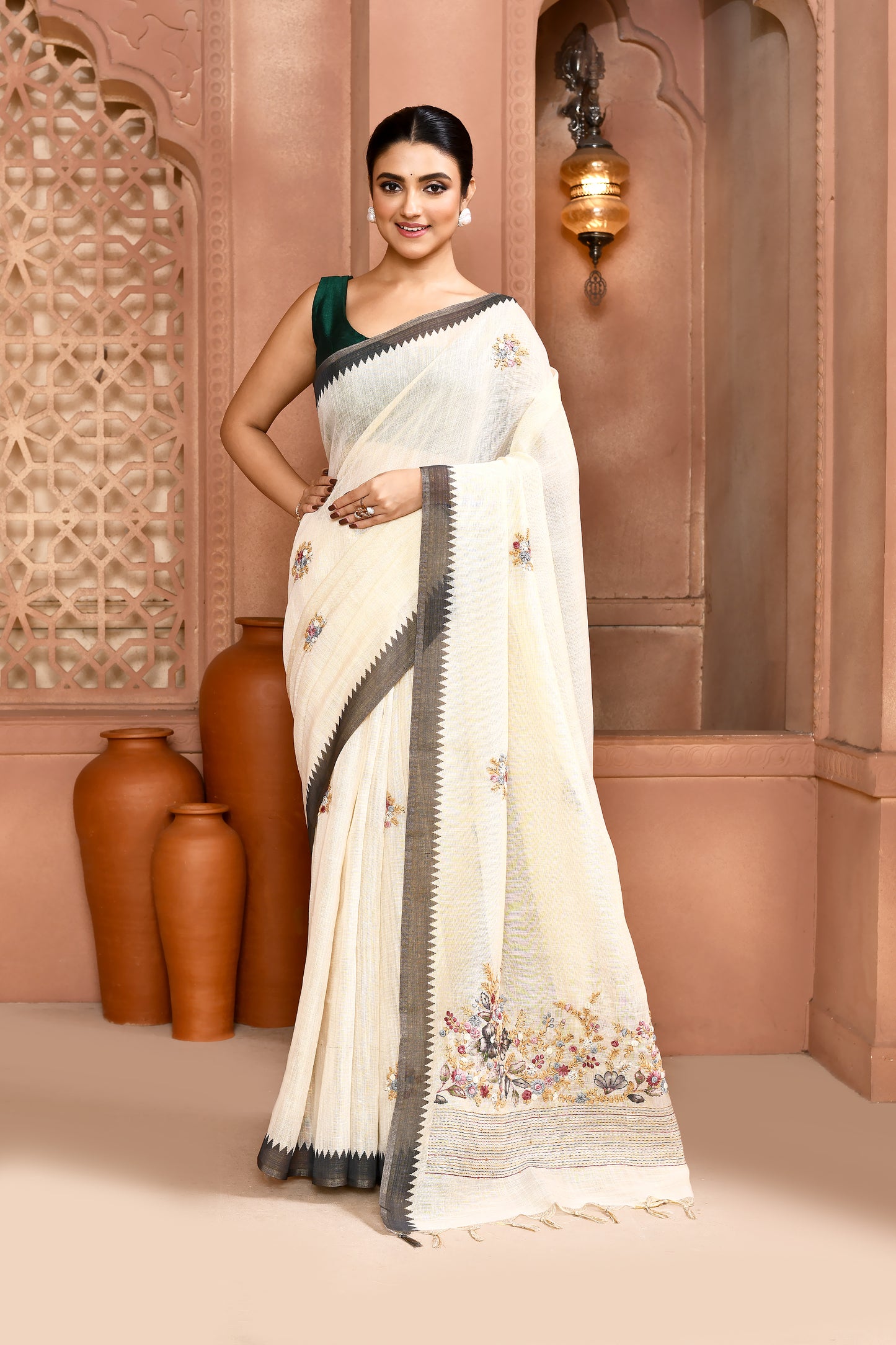 Blossom Linen Shimmer Saree Grey Saree featured
