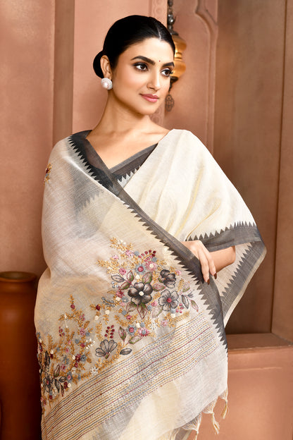 Blossom Linen Shimmer Saree Grey Saree featured