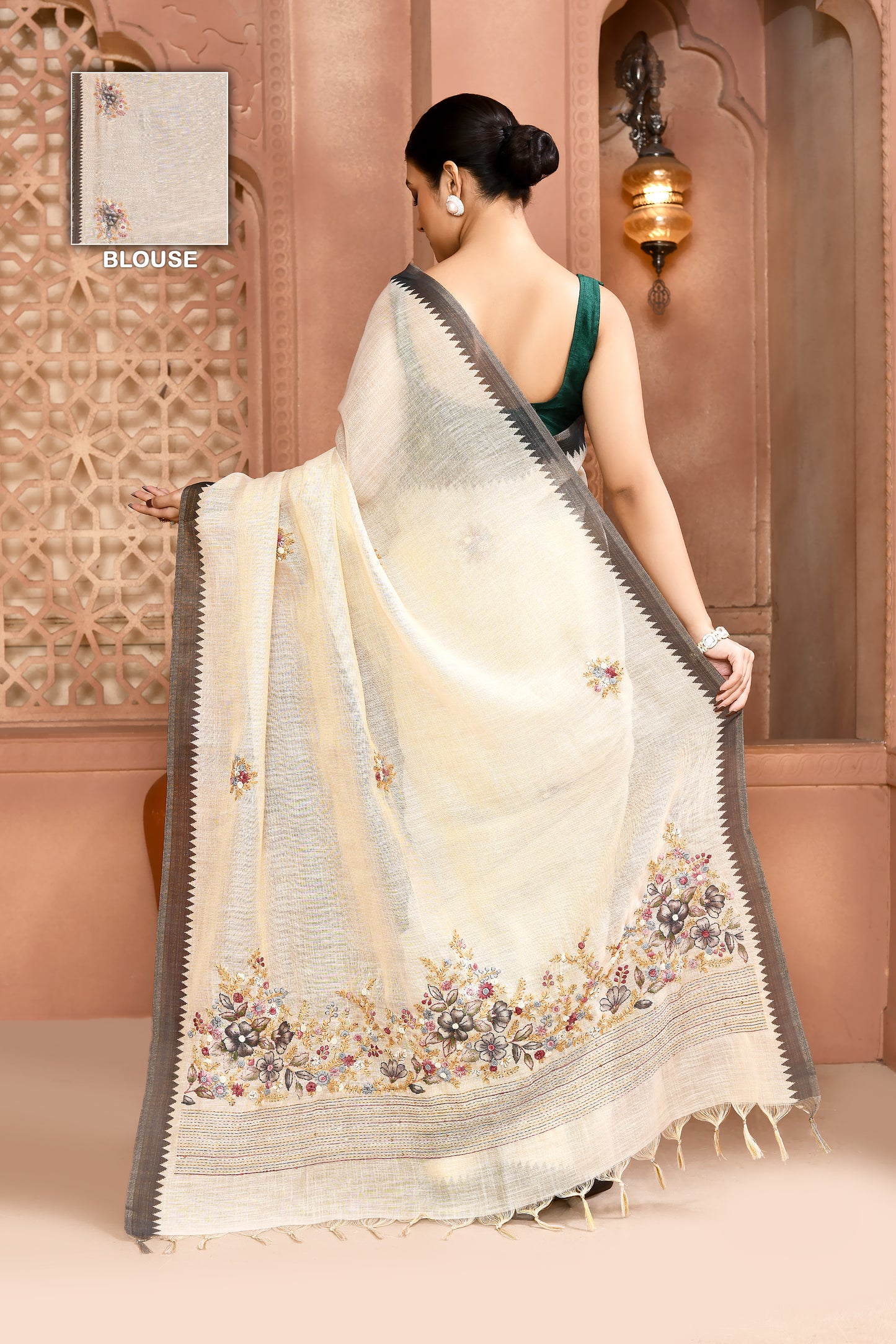 Blossom Linen Shimmer Saree Grey Saree featured