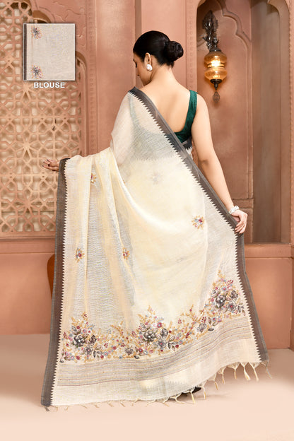 Blossom Linen Shimmer Saree Grey Saree featured