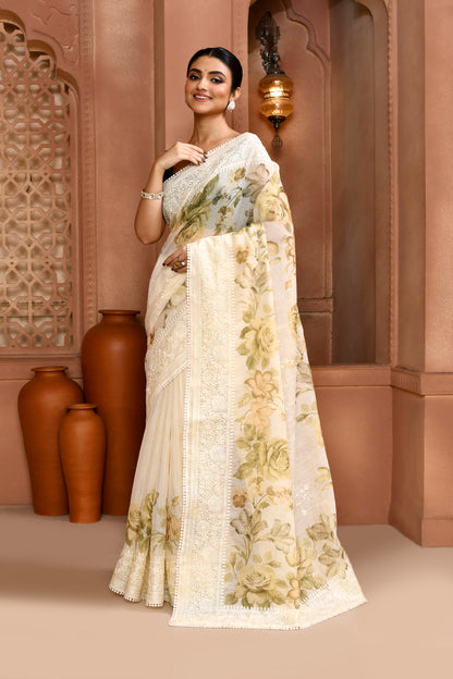 Floral Doria Kota Saree - Dusty Green featured
