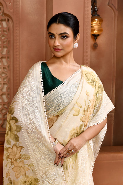 Floral Doria Kota Saree - Dusty Green featured