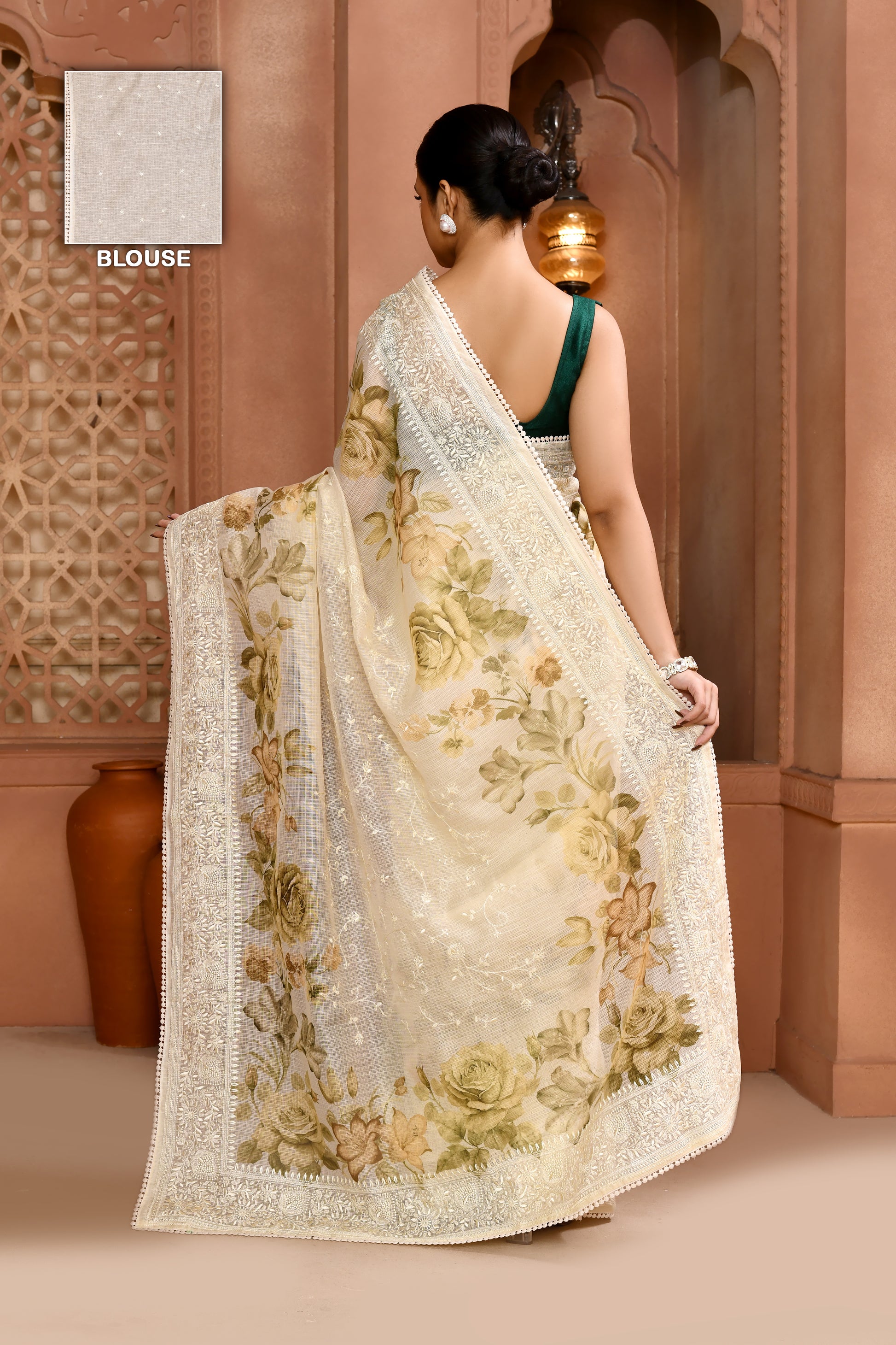 Floral Doria Kota Saree - Dusty Green featured