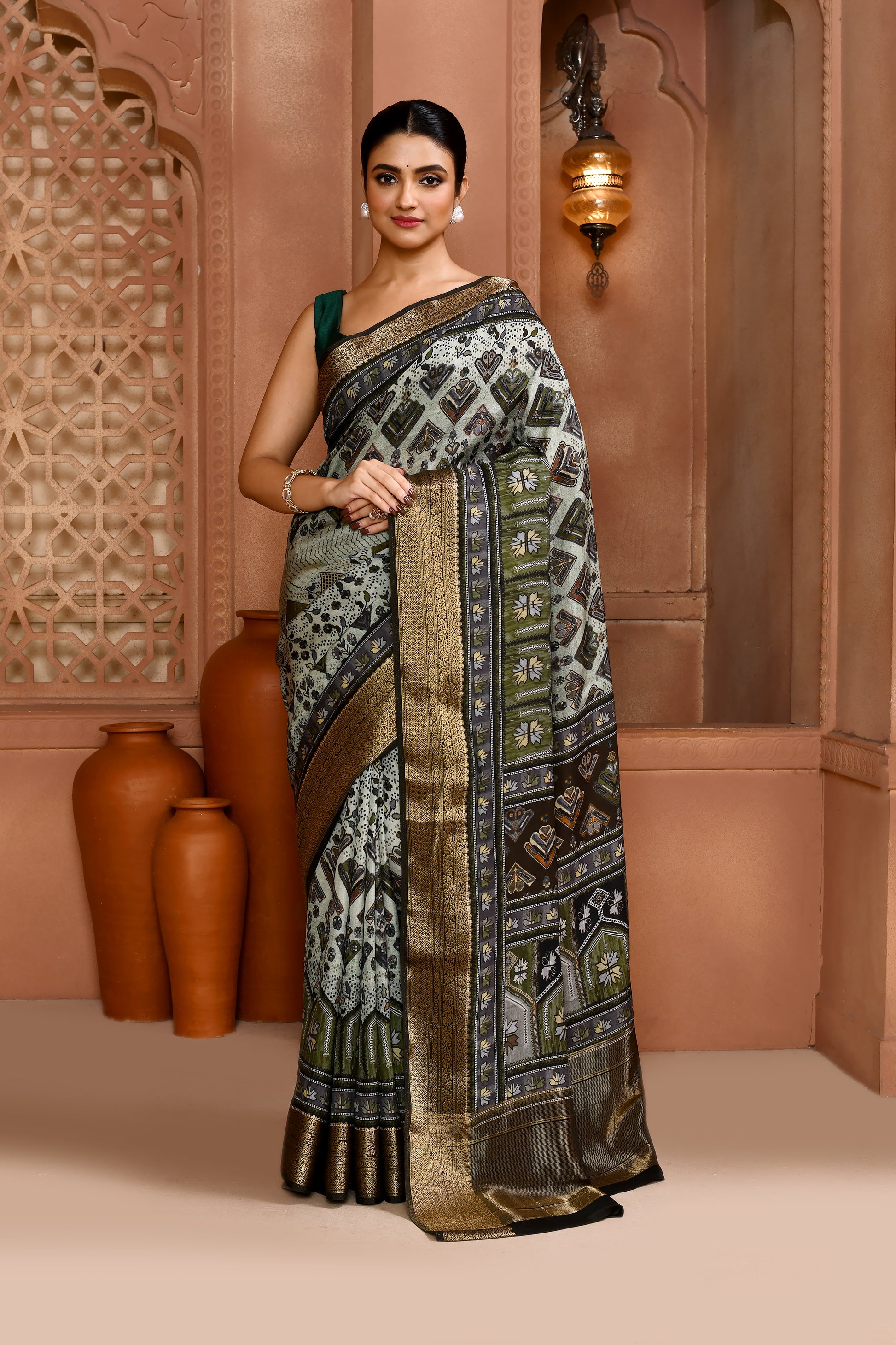 Seamless Ikat Russian Viscose Saree Light Lime Green Saree featured