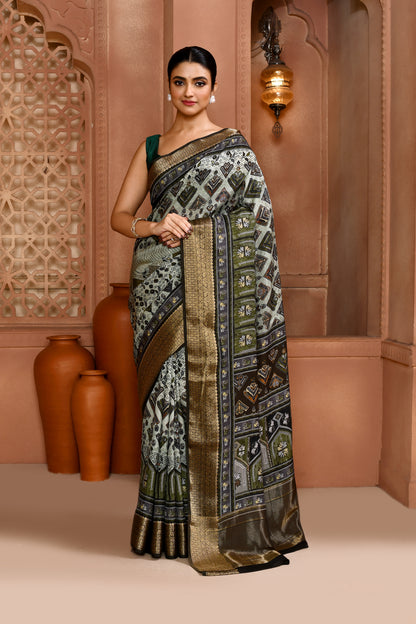 Seamless Ikat Russian Viscose Saree Light Lime Green Saree featured