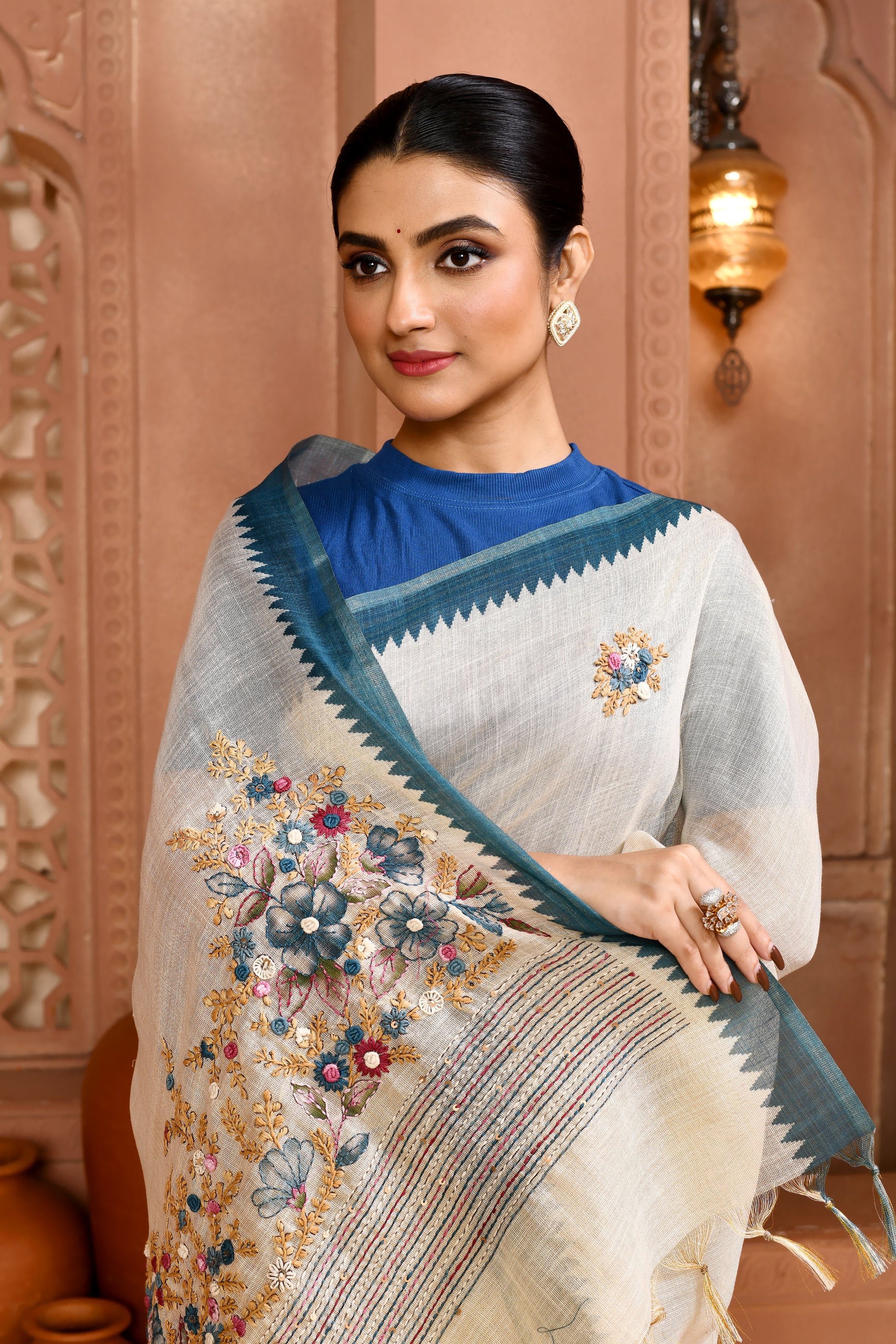 Blossom Linen Shimmer Saree Aqua Blue Saree featured