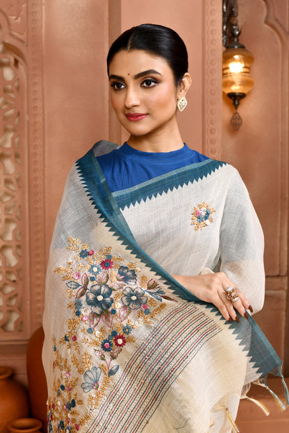 Blossom Linen Shimmer Saree Aqua Blue Saree featured