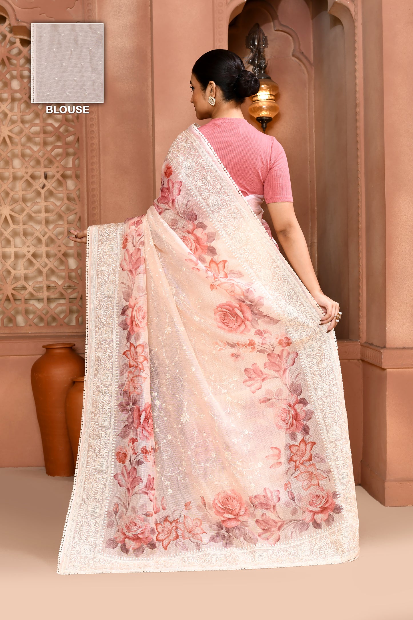 Floral Doria Kota Saree - Dusty Pink featured