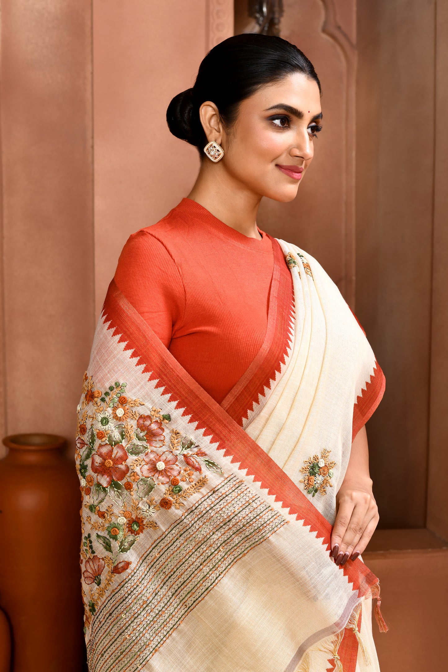 Blossom Linen Shimmer Saree Terracotta Saree featured