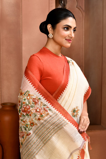 Blossom Linen Shimmer Saree Terracotta Saree featured
