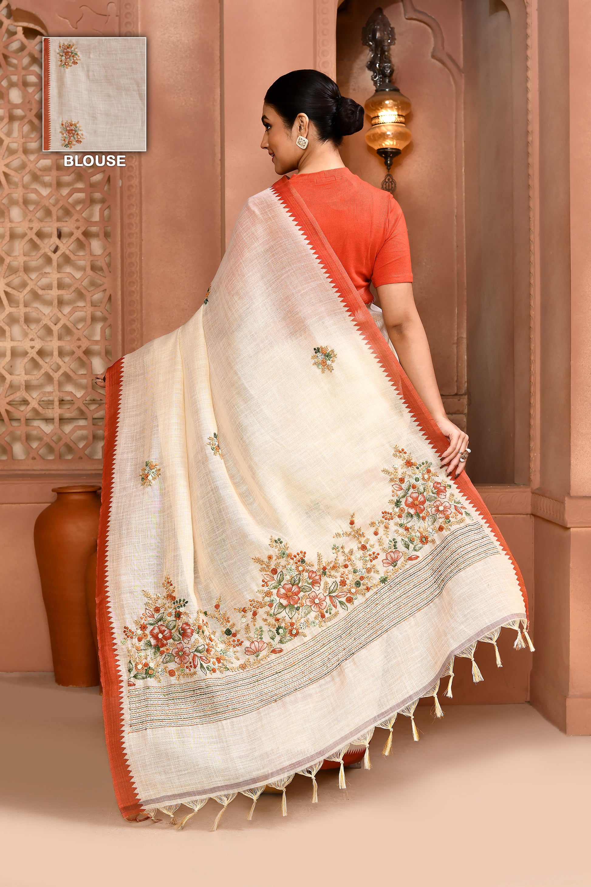 Blossom Linen Shimmer Saree Terracotta Saree featured