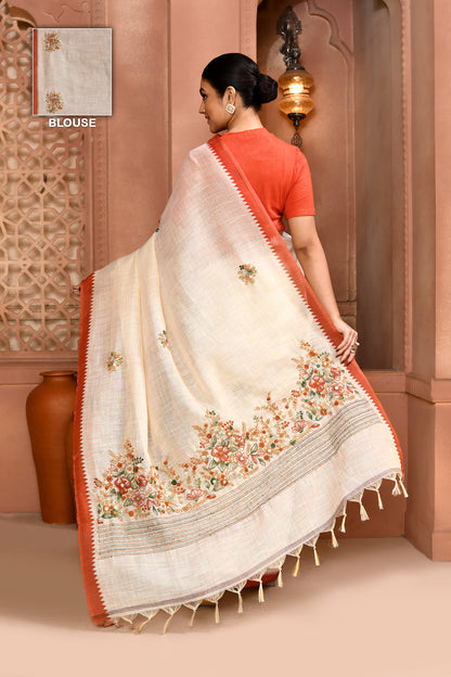 Blossom Linen Shimmer Saree Terracotta Saree featured