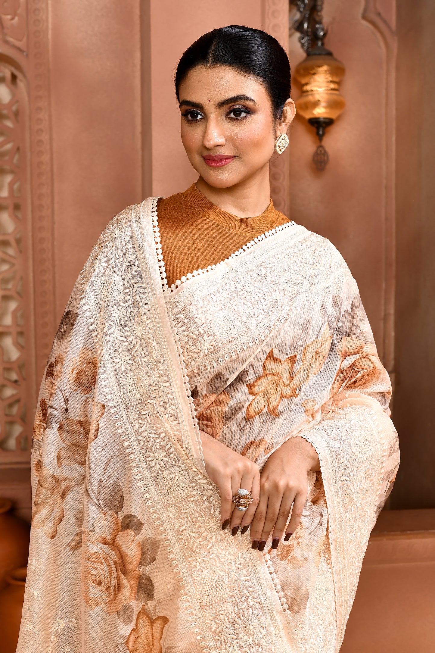 Floral Doria Kota Saree - Peach featured