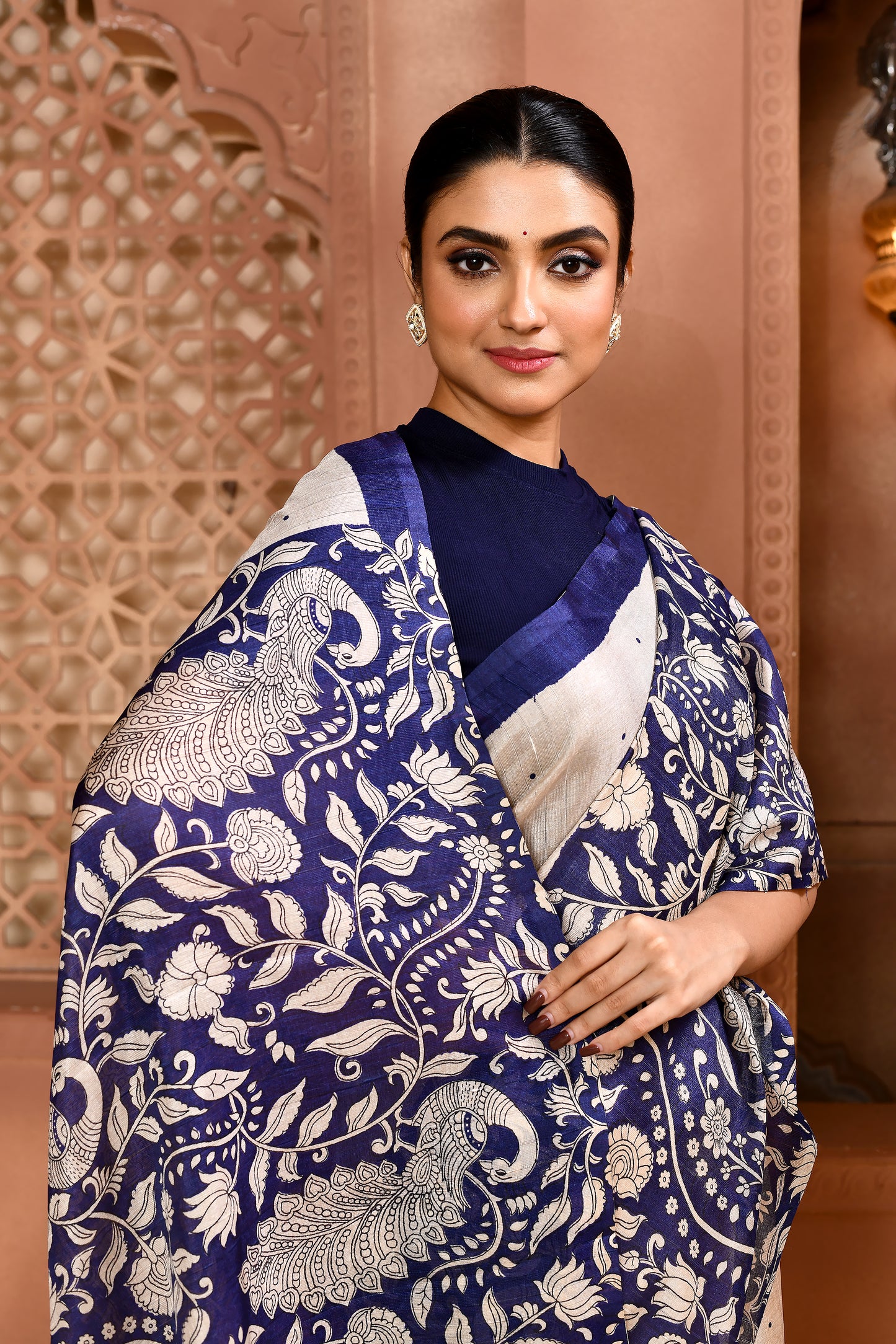 Kalamkari Tussar Silk Saree Blue Saree featured