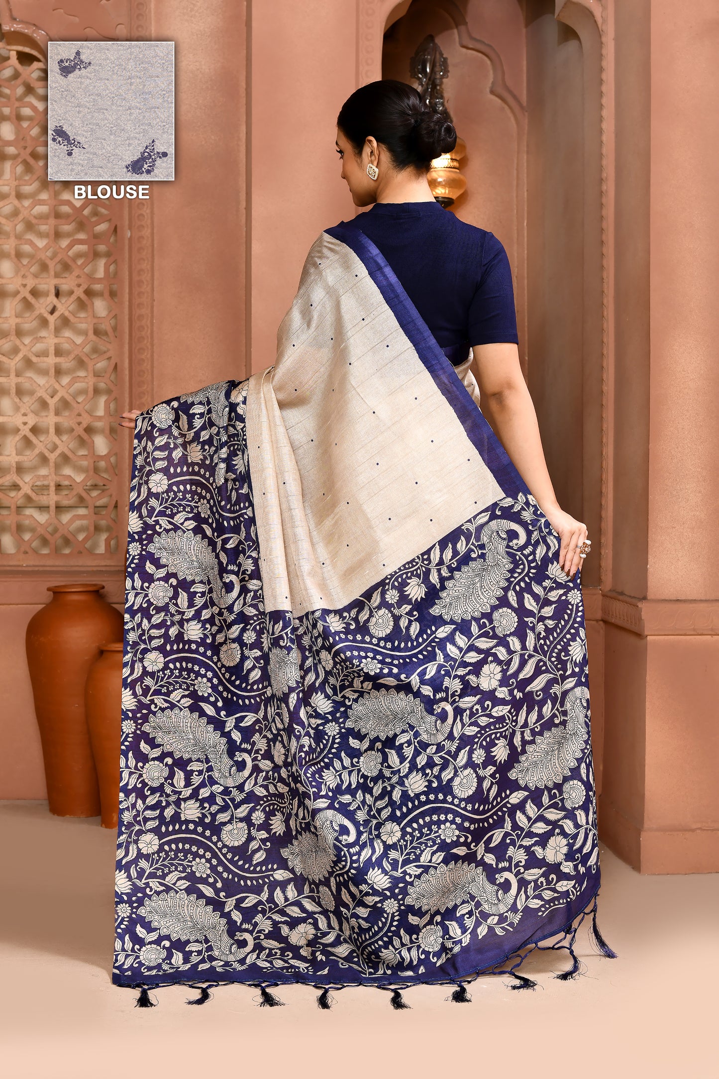 Kalamkari Tussar Silk Saree Blue Saree featured