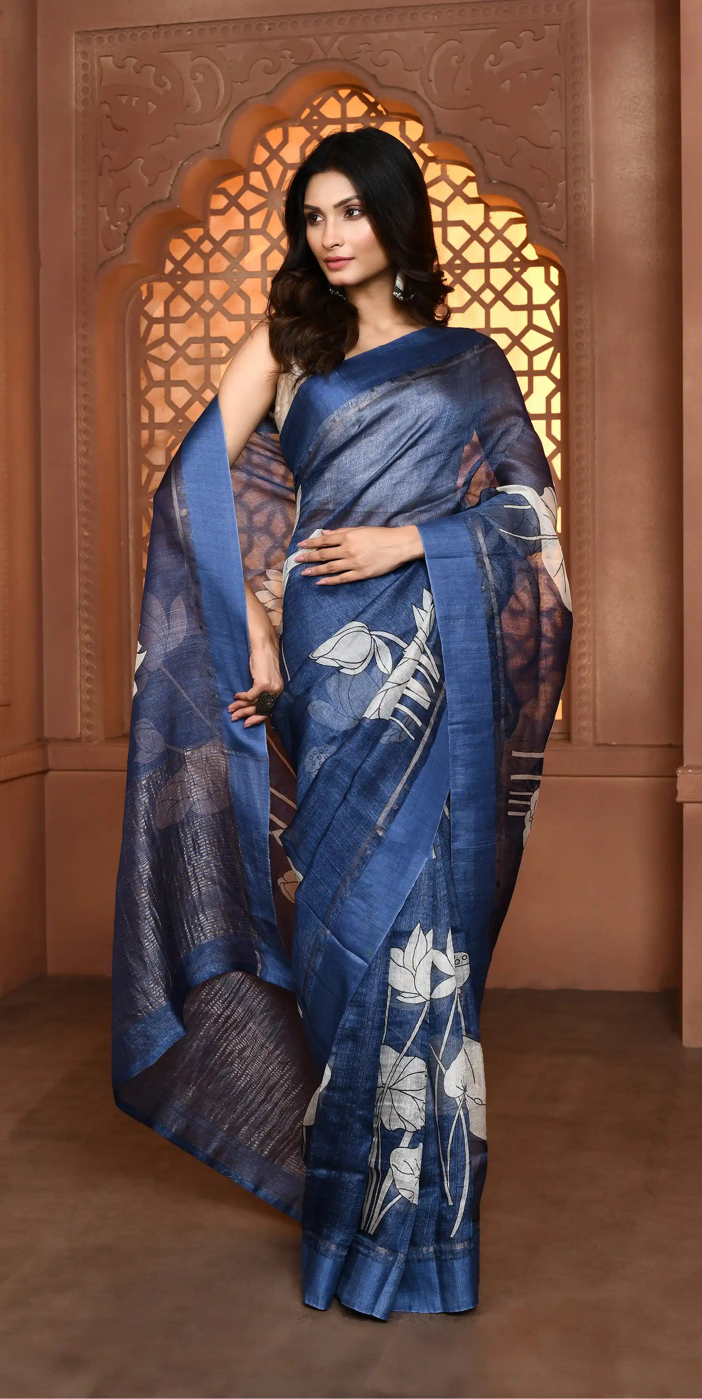 Gayatri Lotus Tussar Silk Saree - Zodiac Blue featured