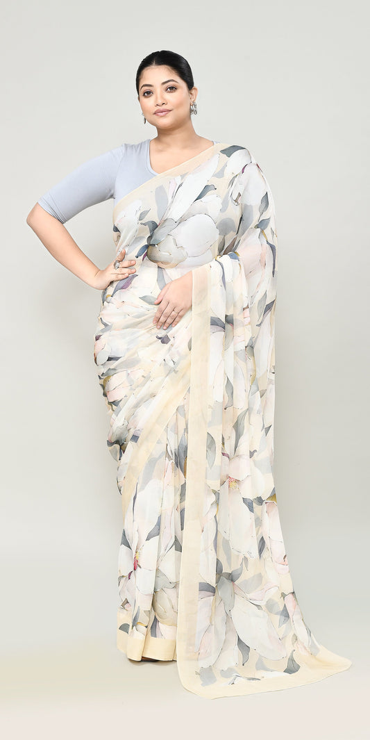 Light Lemon Yellow Chiffon Silk Saree Saree