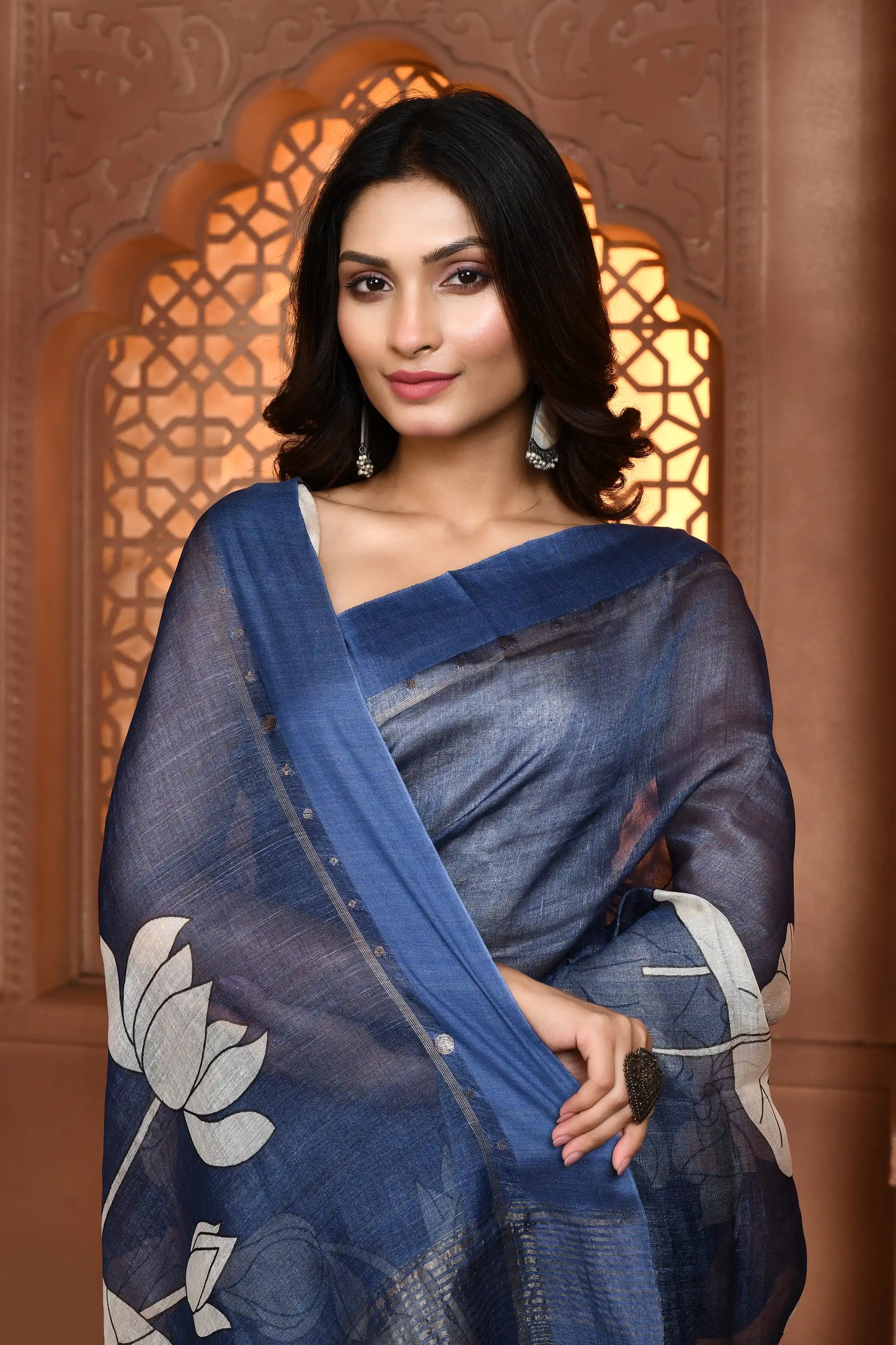 Gayatri Lotus Tussar Silk Saree - Zodiac Blue featured