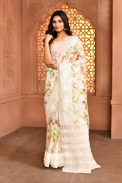 Indira Lenin Kora Saree Pastel White featured