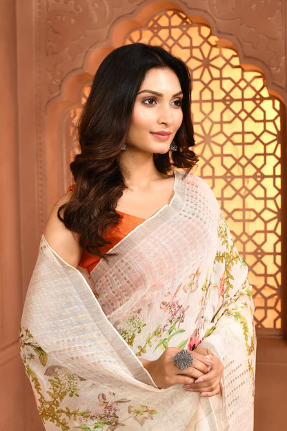 Indira Lenin Kora Saree Pastel White featured