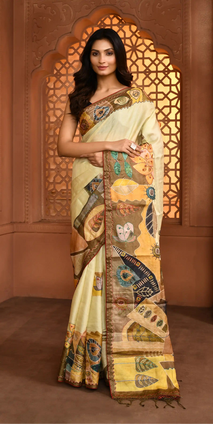 Ruhi Abstract Tussar Silk Saree Light Lime Green featured