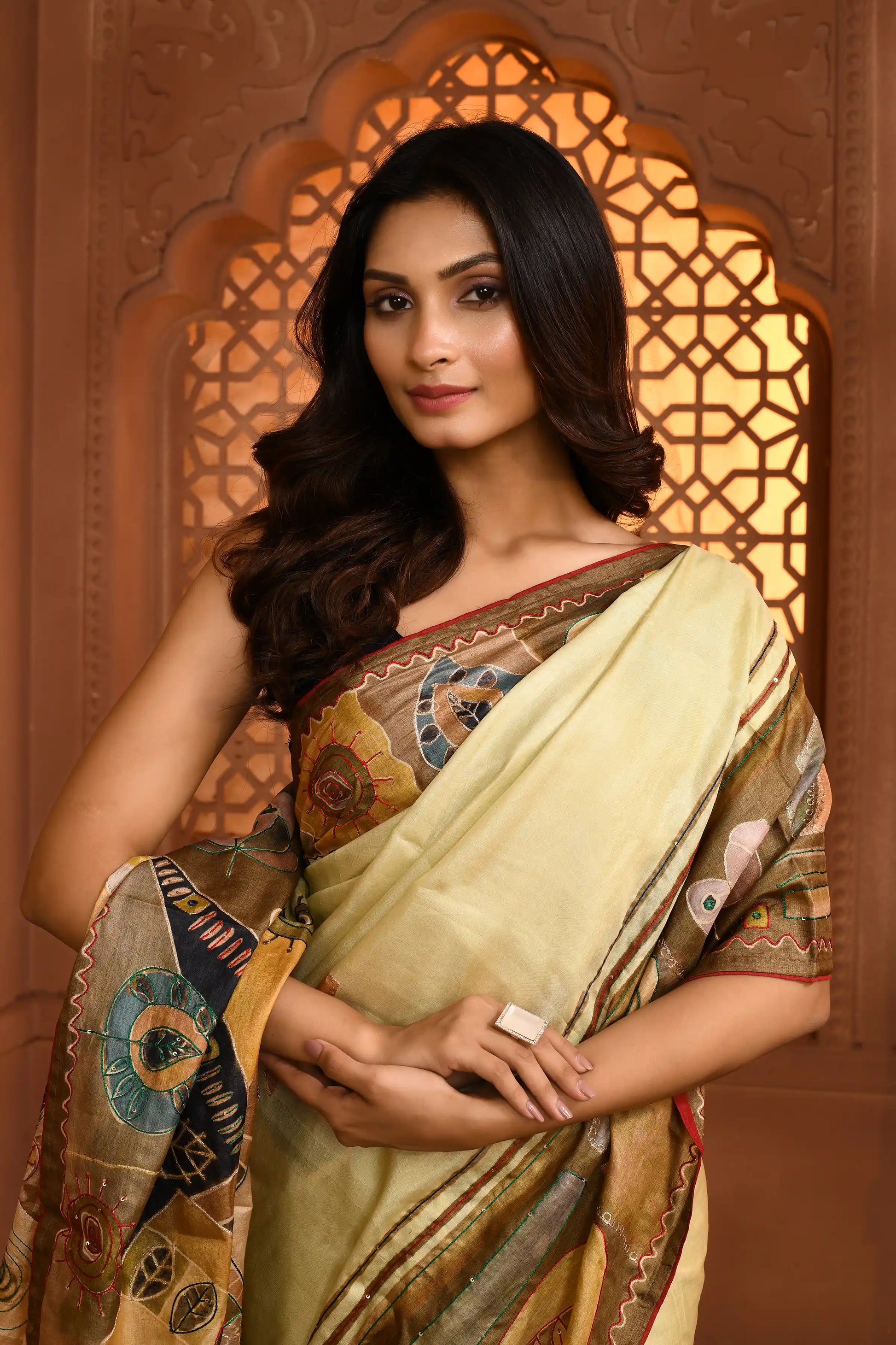 Ruhi Abstract Tussar Silk Saree Light Lime Green featured