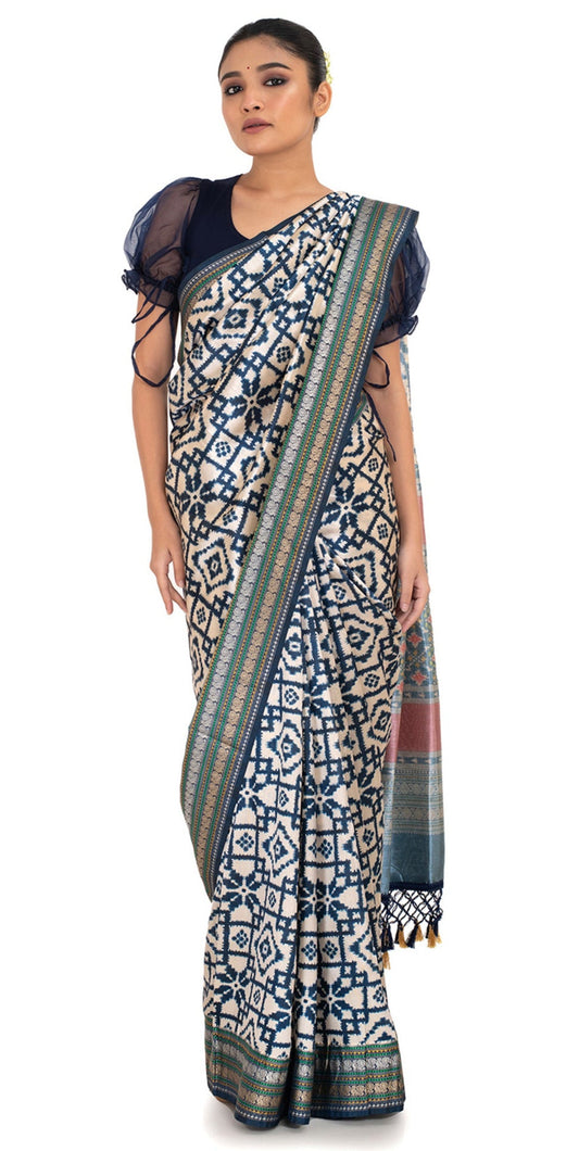 Blue Patola Silk Saree with Ikkat Pattern Saree