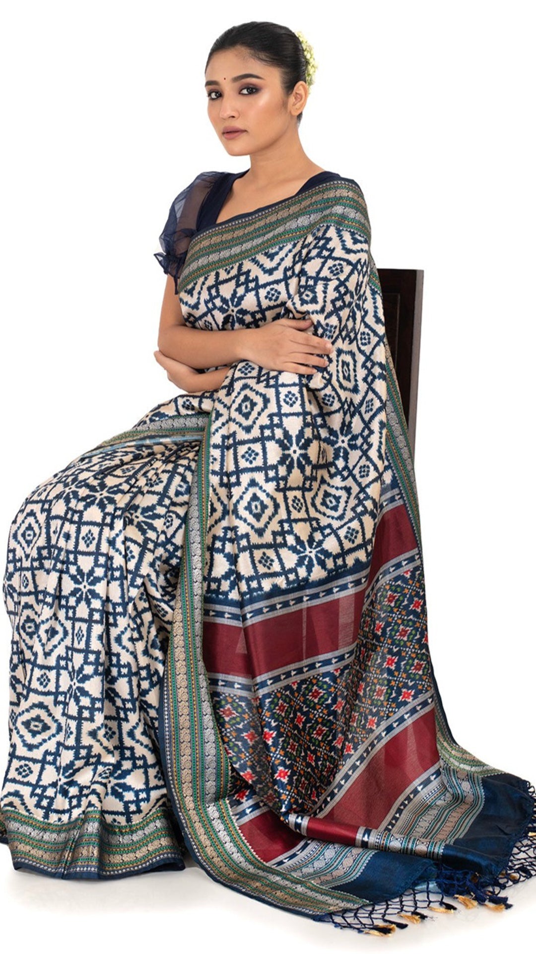 Blue Patola Silk Saree with Ikkat Pattern Saree