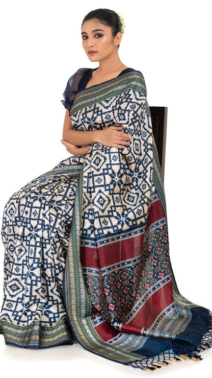 Blue Patola Silk Saree with Ikkat Pattern Saree