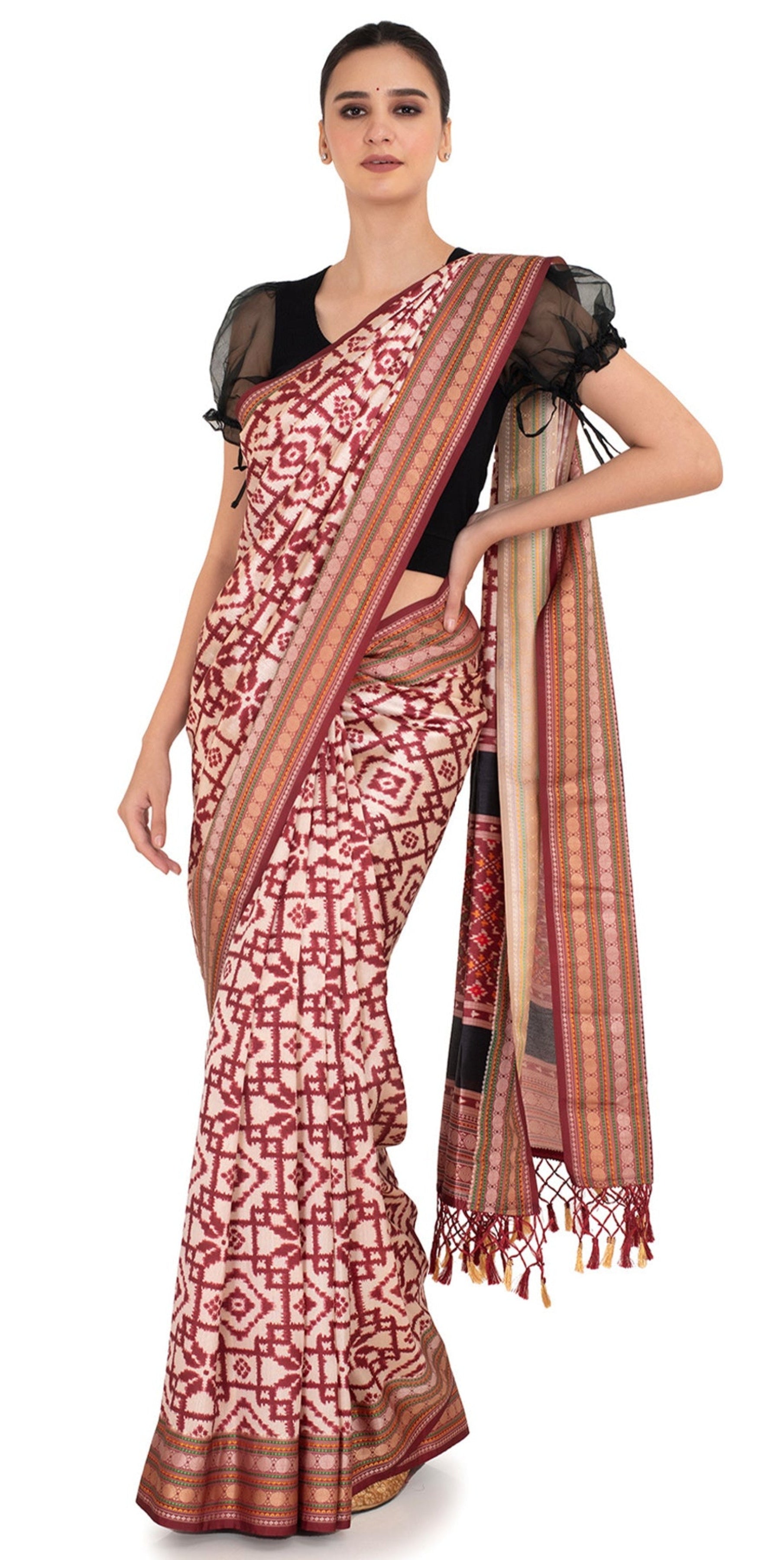 Maroon Patola Silk Saree with Ikkat Pattern Saree