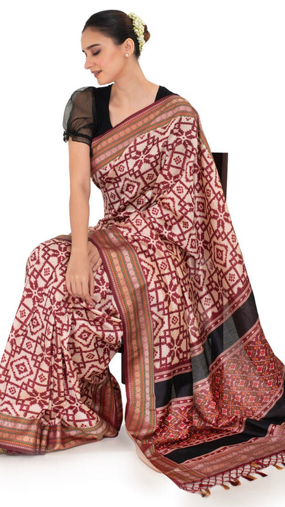Maroon Patola Silk Saree with Ikkat Pattern Saree