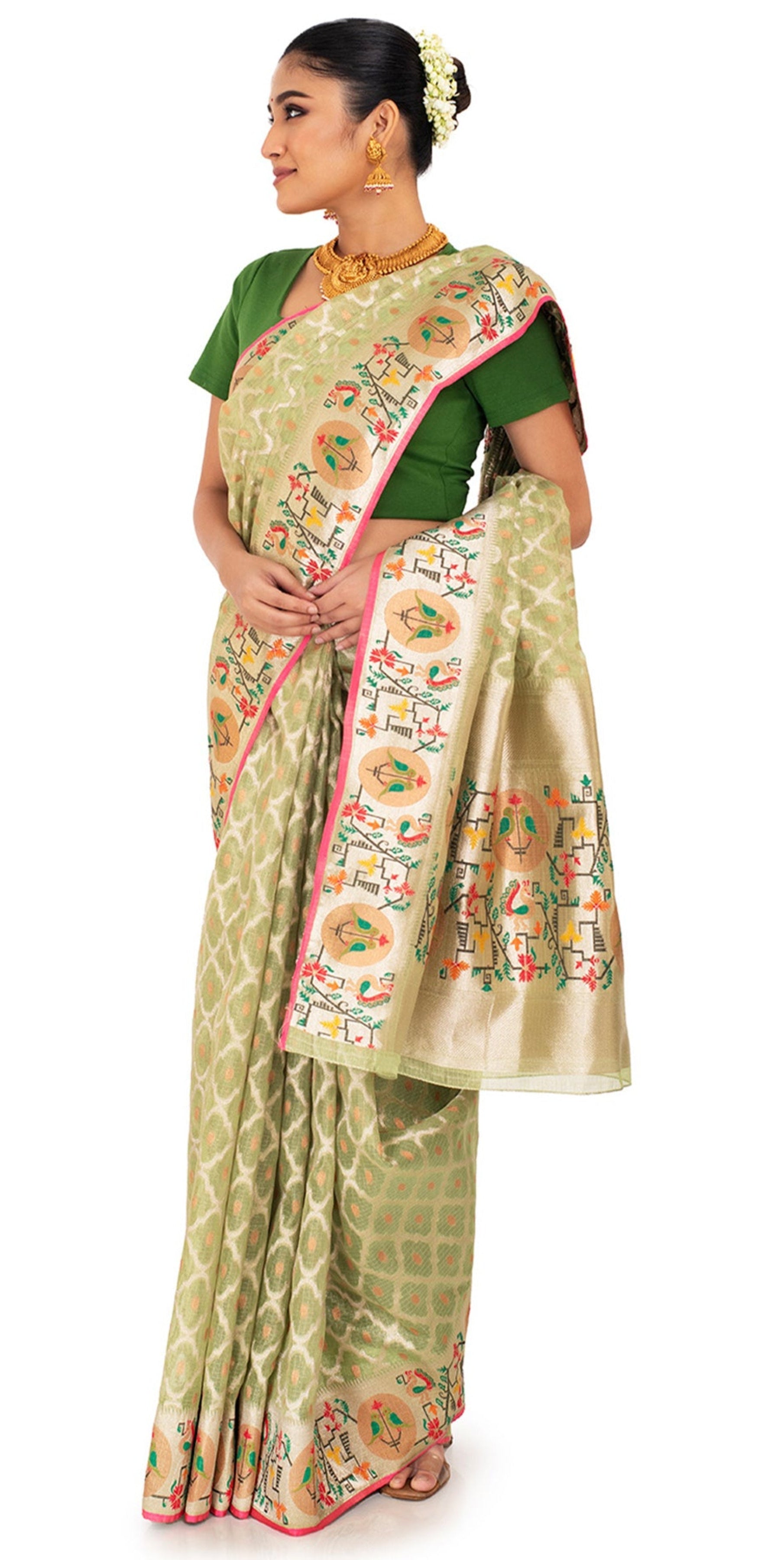 Green Tissue Kota Saree with Multicoloured Paithani Border Saree