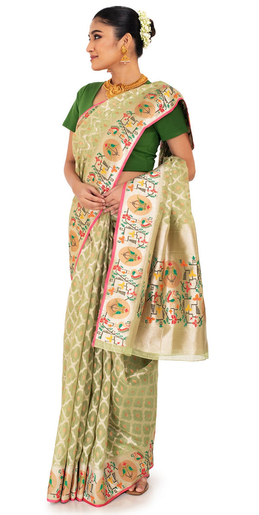 Green Tissue Kota Saree with Multicoloured Paithani Border Saree