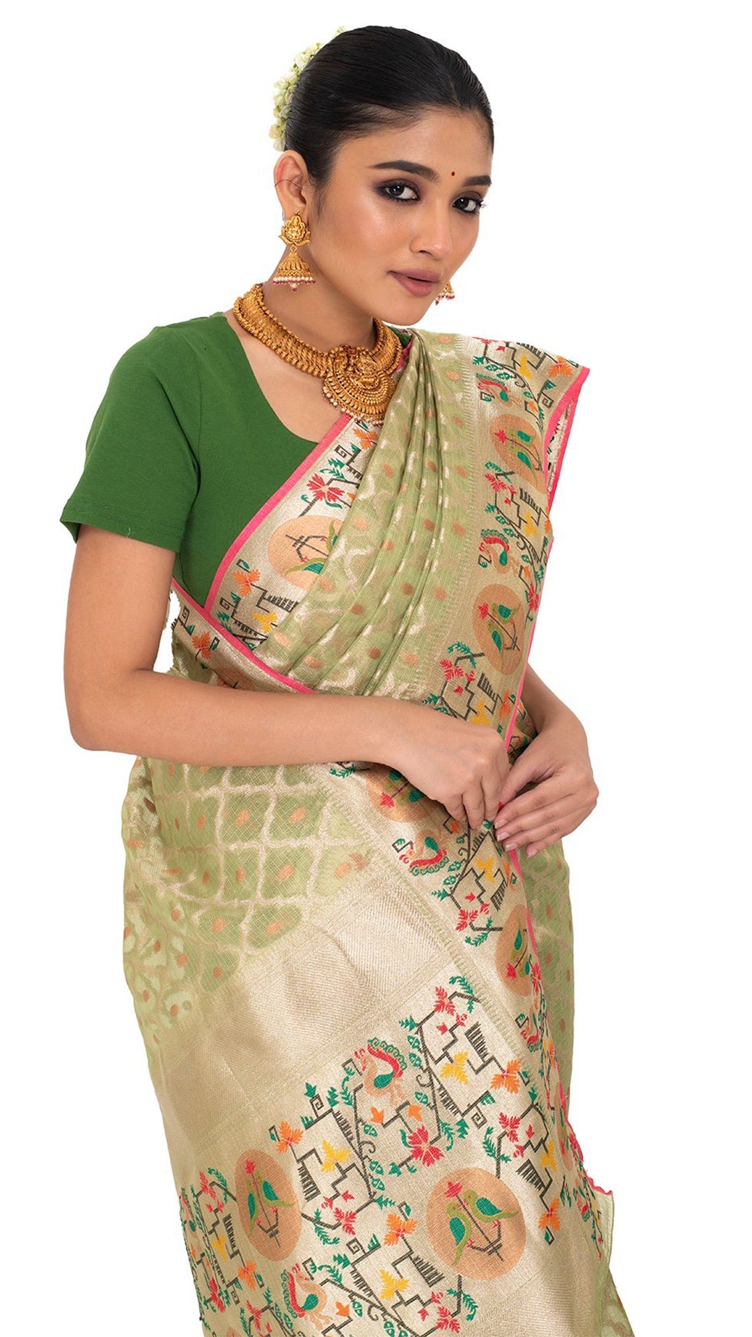 Green Tissue Kota Saree with Multicoloured Paithani Border Saree