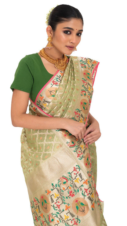 Green Tissue Kota Saree with Multicoloured Paithani Border Saree