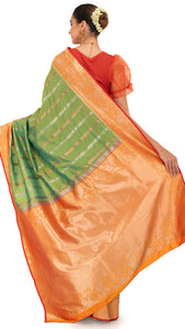 Mossy Green Katan Silk Saree with Orange Golden Border Saree