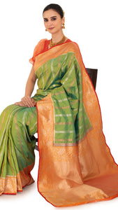 Mossy Green Katan Silk Saree with Orange Golden Border Saree