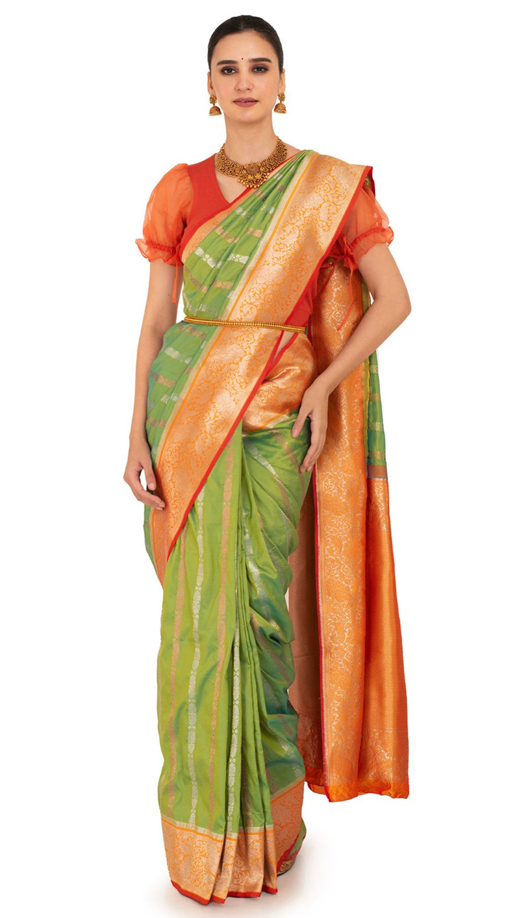 Mossy Green Katan Silk Saree with Orange Golden Border Saree