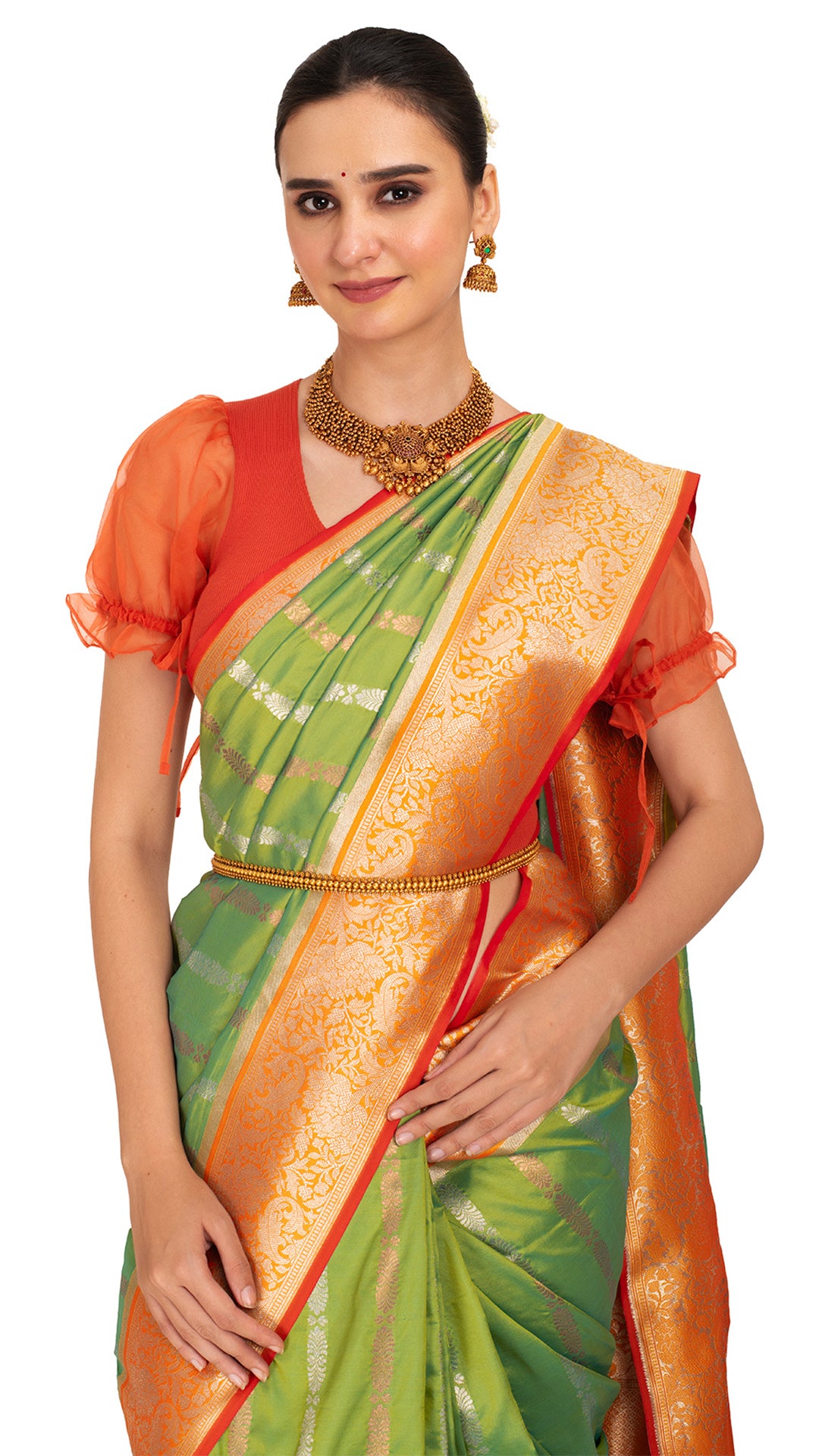 Mossy Green Katan Silk Saree with Orange Golden Border Saree