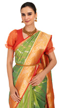 Load image into Gallery viewer, Mossy Green Katan Silk Saree with Orange Golden Border Saree