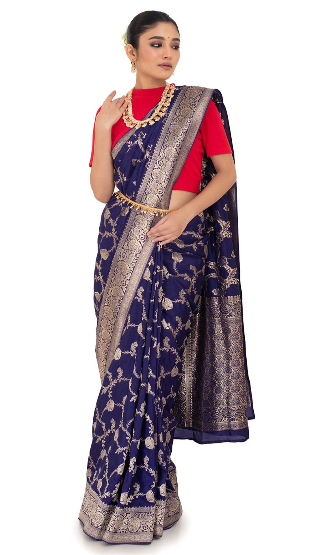Intricate Jaal Work Blue Silk Saree Saree