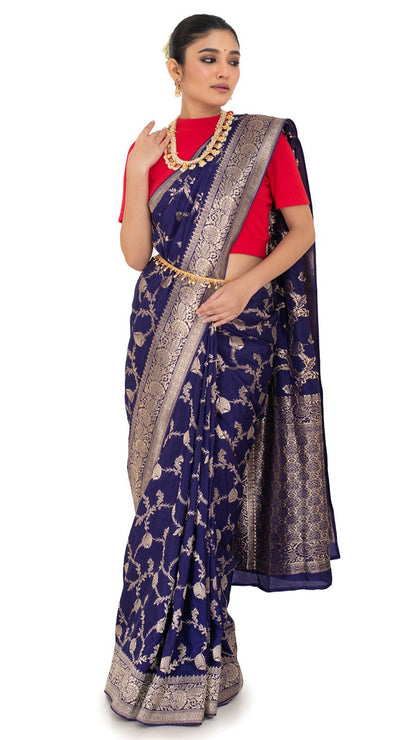 Intricate Jaal Work Blue Silk Saree Saree
