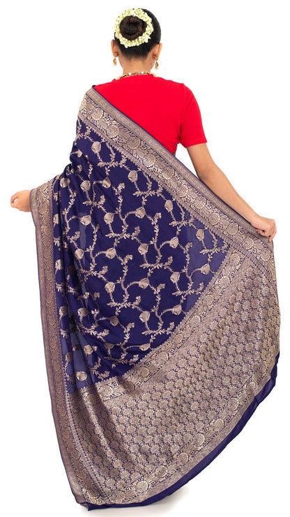Intricate Jaal Work Blue Silk Saree Saree