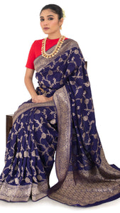 Intricate Jaal Work Blue Silk Saree Saree