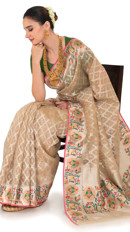Beige Tissue Kota Saree with Paithani Border Saree