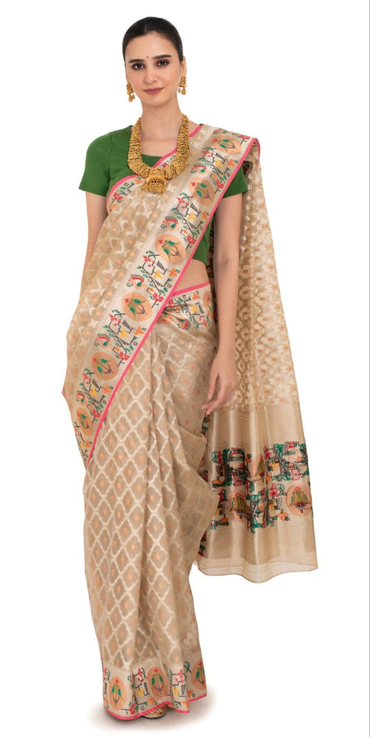 Beige Tissue Kota Saree with Paithani Border Saree