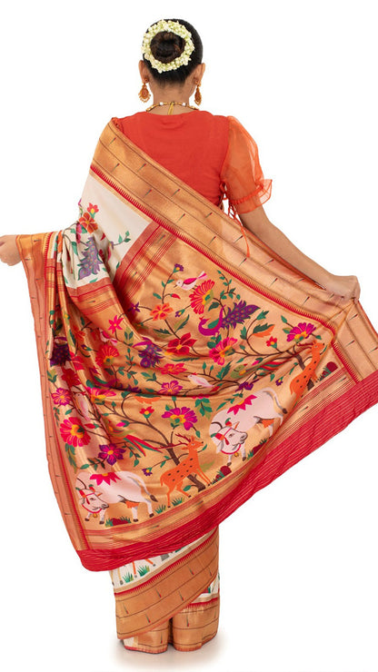 Red Bordered Elegant Saree with Vivid Flora and Fauna Saree