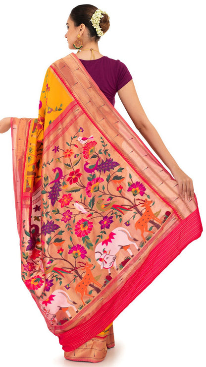 Crimson Bordered Elegant Saree with Vivid Flora and Fauna Saree