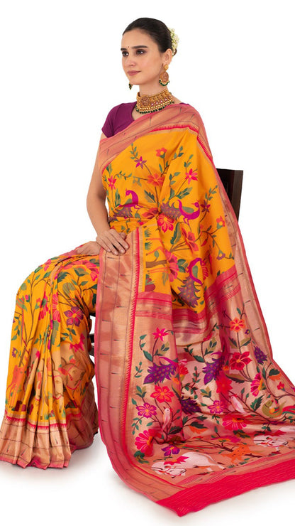 Crimson Bordered Elegant Saree with Vivid Flora and Fauna Saree