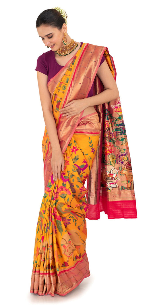 Crimson Bordered Elegant Saree with Vivid Flora and Fauna Saree